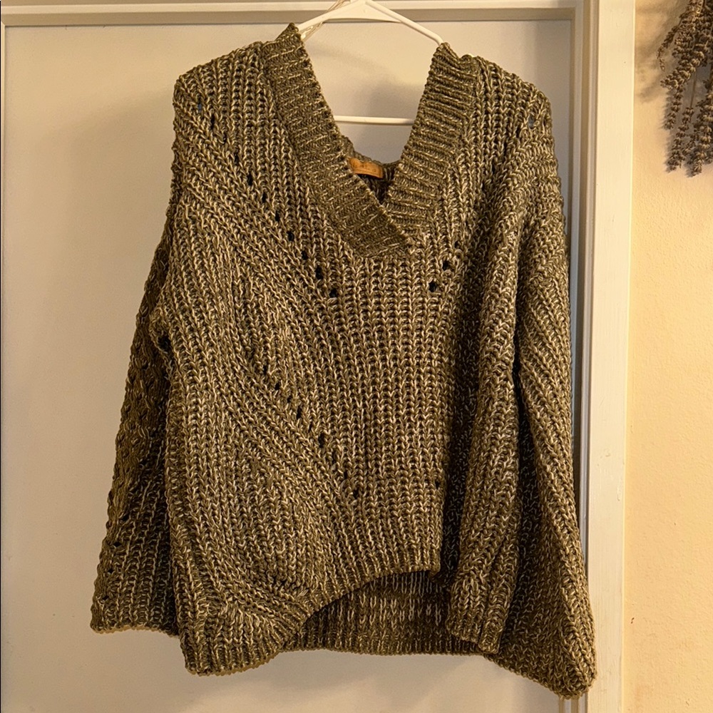 POL v-neck sweater with braided sleeve detail, oversized fit, sage green, NWT